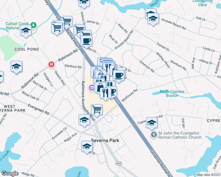 map of restaurants, bars, coffee shops, grocery stores, and more near 575 Ritchie Highway in Severna Park
