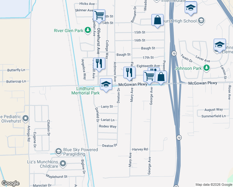 map of restaurants, bars, coffee shops, grocery stores, and more near 4230 Deaton Drive in Olivehurst