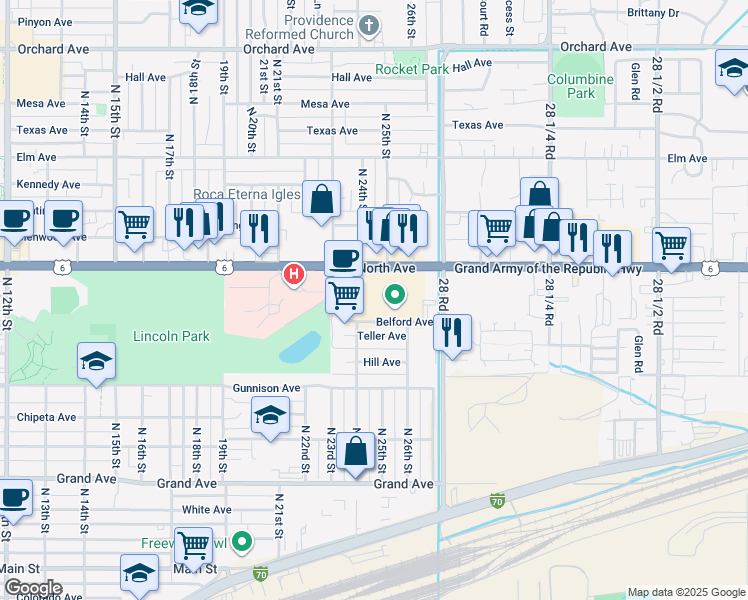 map of restaurants, bars, coffee shops, grocery stores, and more near 2471 Grand Army of the Republic Highway in Grand Junction