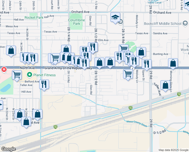 map of restaurants, bars, coffee shops, grocery stores, and more near 491 28 1/2 Road in Grand Junction