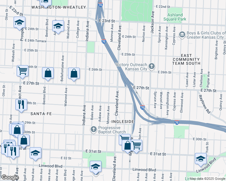map of restaurants, bars, coffee shops, grocery stores, and more near 3711 East 27th Street in Kansas City