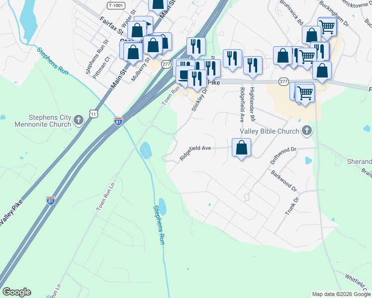 map of restaurants, bars, coffee shops, grocery stores, and more near 402 Ridgefield Avenue in Stephens City