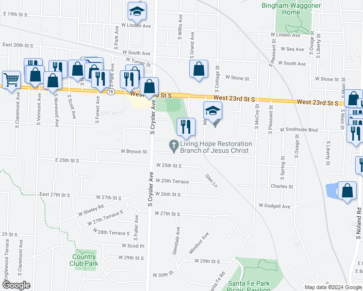 map of restaurants, bars, coffee shops, grocery stores, and more near 1115 South Union Street in Independence