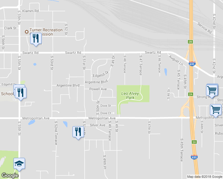 map of restaurants, bars, coffee shops, grocery stores, and more near Powell Avenue & South 49 Terrace in Kansas City