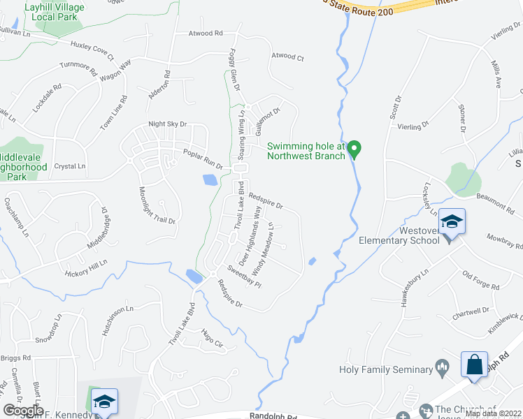 map of restaurants, bars, coffee shops, grocery stores, and more near 13411 Deer Highlands Way in Silver Spring