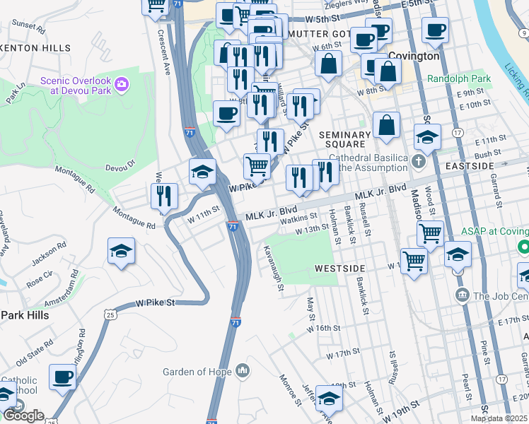 map of restaurants, bars, coffee shops, grocery stores, and more near 522 West 12th Street in Covington