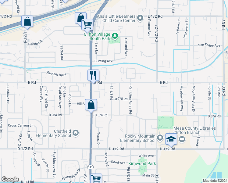map of restaurants, bars, coffee shops, grocery stores, and more near 494 1/2 32 1/8 Road in Clifton