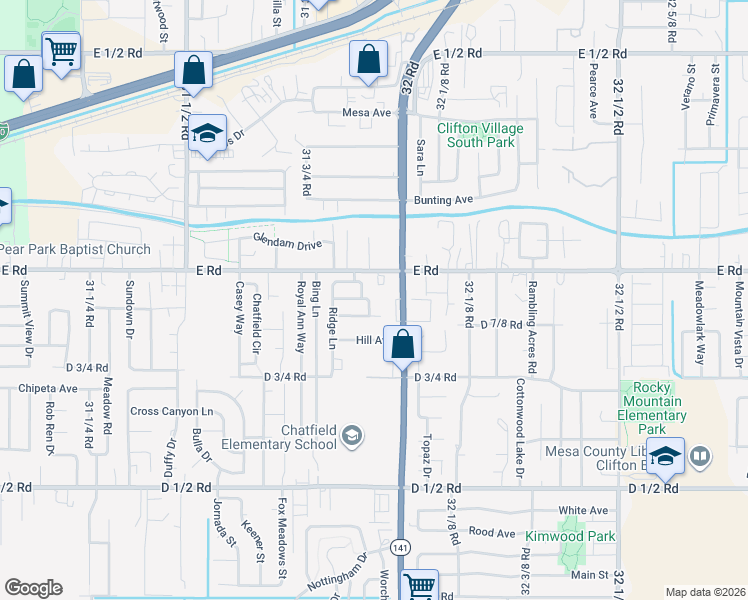 map of restaurants, bars, coffee shops, grocery stores, and more near 492 1/2 Mountain Drive in Grand Junction
