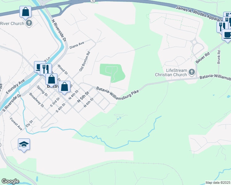map of restaurants, bars, coffee shops, grocery stores, and more near 4251 Cemetery Lane in Batavia