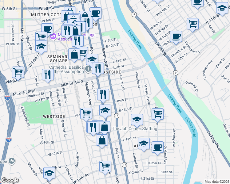 map of restaurants, bars, coffee shops, grocery stores, and more near 221 Pleasant Street in Covington