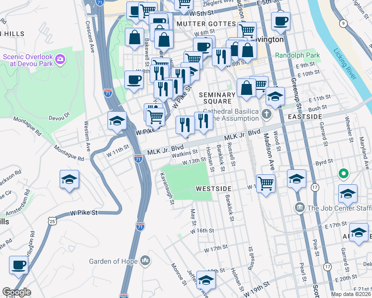 map of restaurants, bars, coffee shops, grocery stores, and more near 416 West 12th Street in Covington