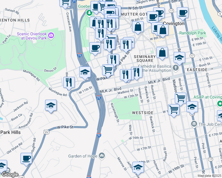 map of restaurants, bars, coffee shops, grocery stores, and more near 512 Martin Luther King Jr. Boulevard in Covington