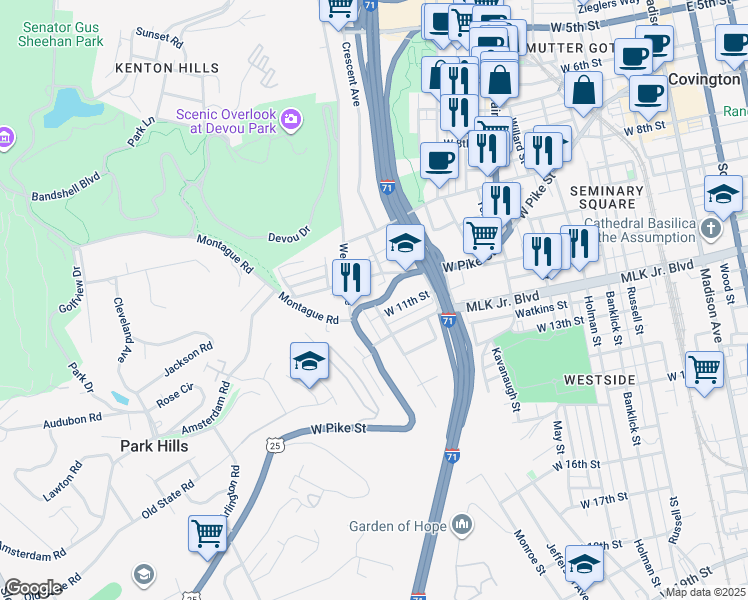 map of restaurants, bars, coffee shops, grocery stores, and more near 627 West Pike Street in Covington