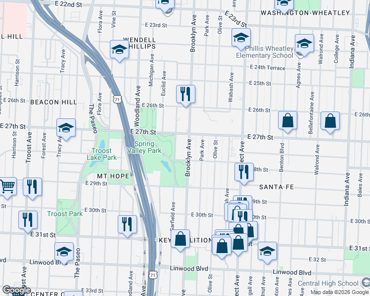 map of restaurants, bars, coffee shops, grocery stores, and more near 2721 Brooklyn Avenue in Kansas City
