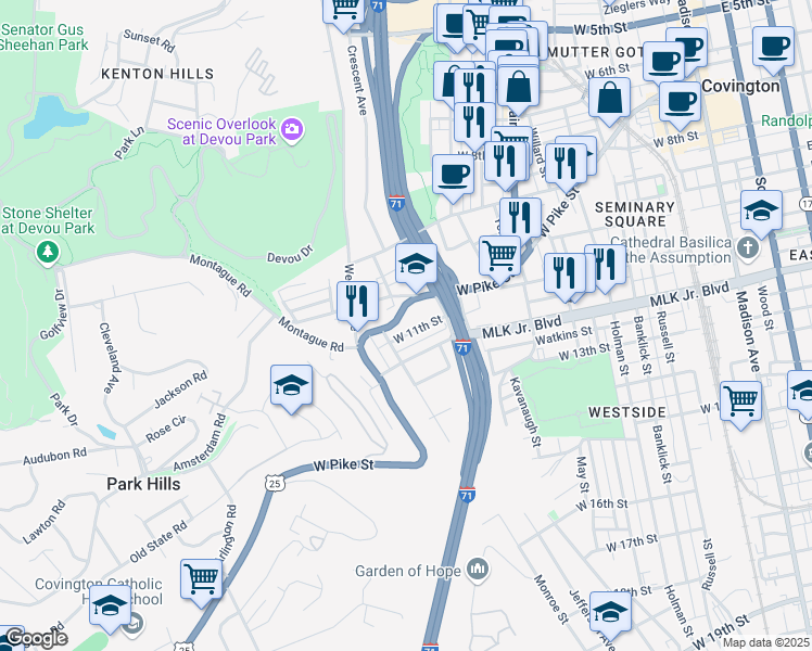 map of restaurants, bars, coffee shops, grocery stores, and more near 627 West Pike Street in Covington
