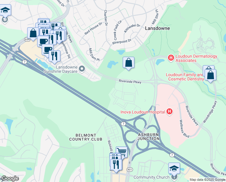 map of restaurants, bars, coffee shops, grocery stores, and more near 19515 Newberry Terrace in Leesburg