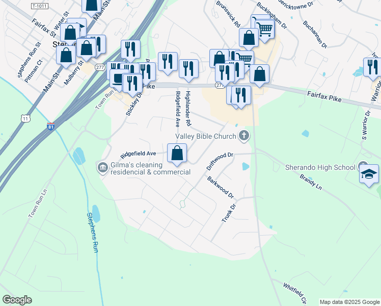 map of restaurants, bars, coffee shops, grocery stores, and more near 113 Meadowbrook Drive in Stephens City