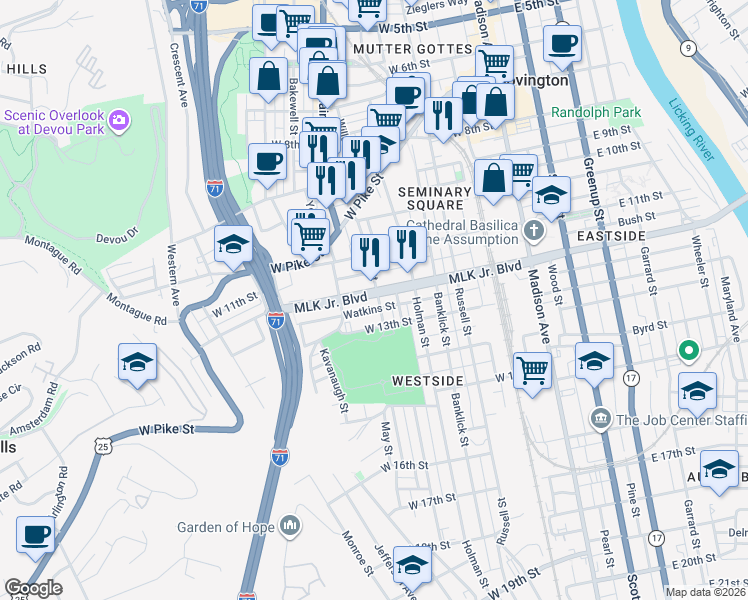 map of restaurants, bars, coffee shops, grocery stores, and more near 416 West 12th Street in Covington