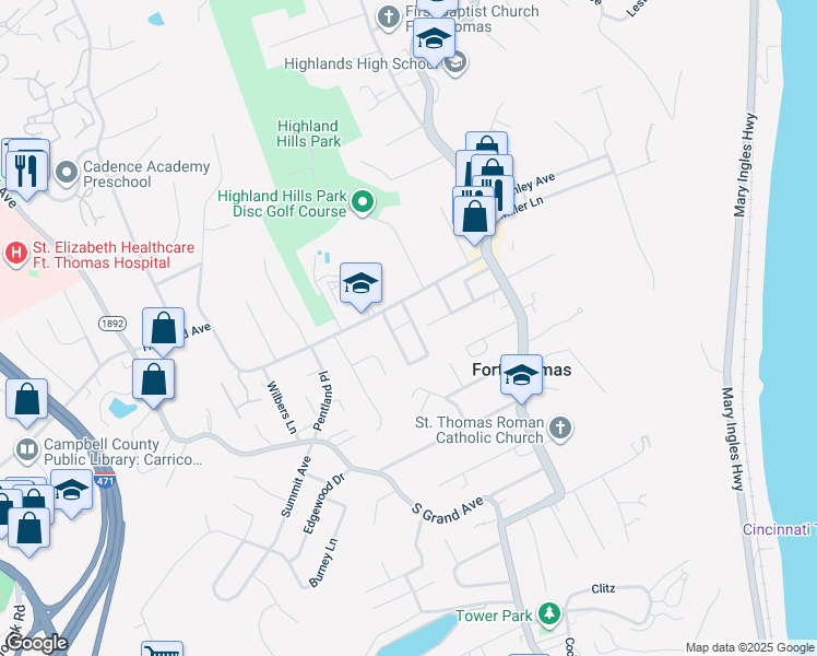 map of restaurants, bars, coffee shops, grocery stores, and more near 20 E Vernon Ln in Fort Thomas