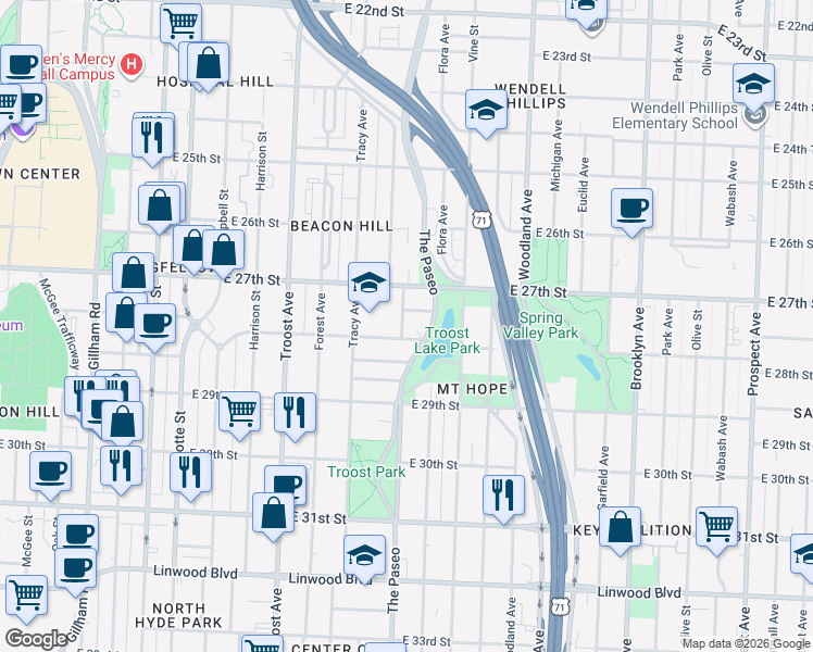 map of restaurants, bars, coffee shops, grocery stores, and more near 2727 Grove Street in Kansas City