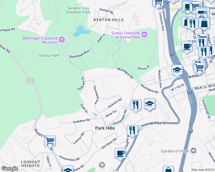 map of restaurants, bars, coffee shops, grocery stores, and more near 1165 Morgan Court in Park Hills