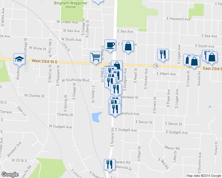 map of restaurants, bars, coffee shops, grocery stores, and more near 1340 S Noland Rd in Independence