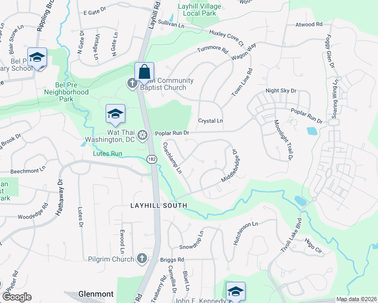 map of restaurants, bars, coffee shops, grocery stores, and more near 1816 Middlebridge Drive in Silver Spring