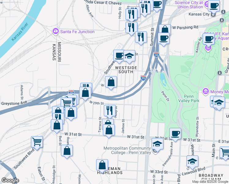 map of restaurants, bars, coffee shops, grocery stores, and more near 2812 Holly Street in Kansas City