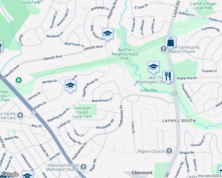 map of restaurants, bars, coffee shops, grocery stores, and more near 2605 Bainbridge Lane in Silver Spring