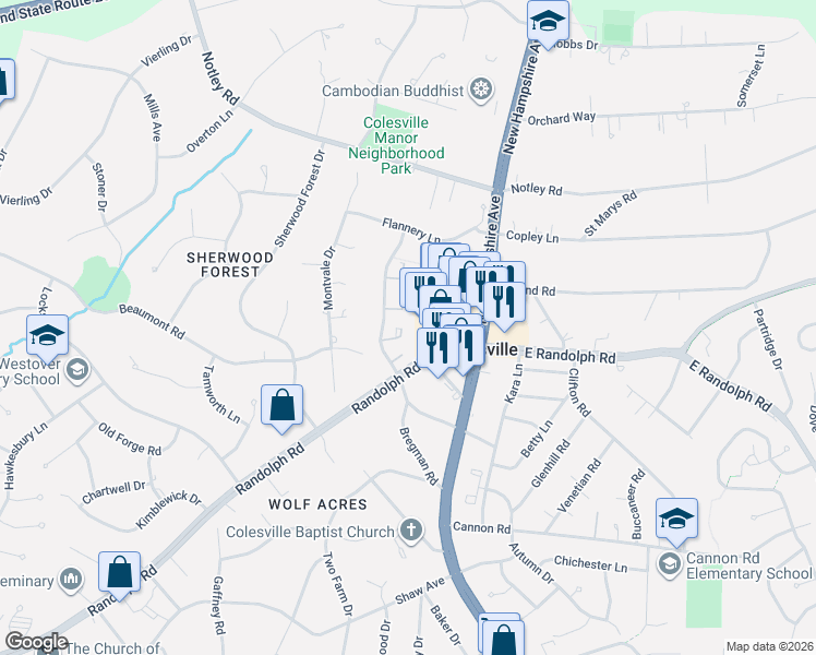 map of restaurants, bars, coffee shops, grocery stores, and more near 2 Dawn View Ct in Silver Spring