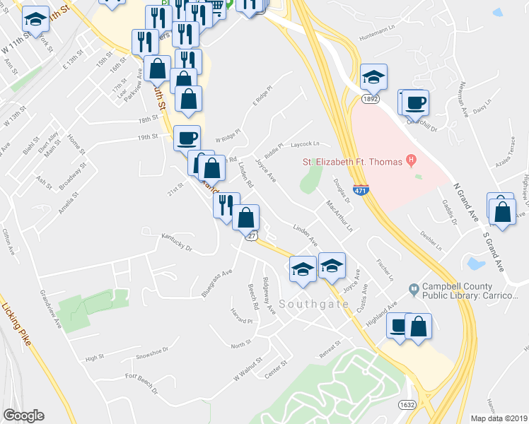 map of restaurants, bars, coffee shops, grocery stores, and more near 369 Linden Avenue in Southgate