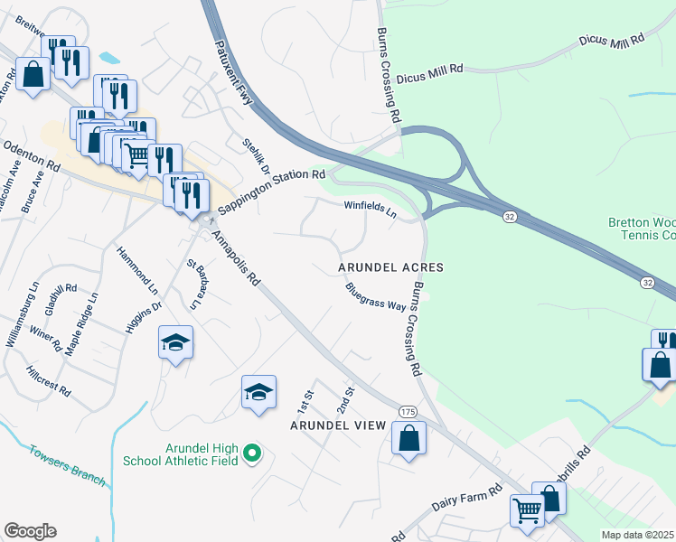 map of restaurants, bars, coffee shops, grocery stores, and more near 1412 Kinghaven Court in Gambrills