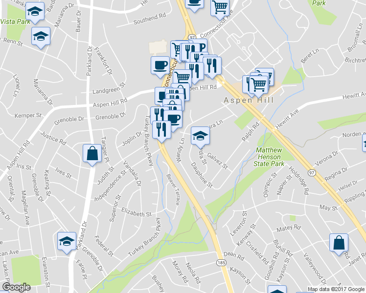 map of restaurants, bars, coffee shops, grocery stores, and more near 3908 Wendy Lane in Silver Spring