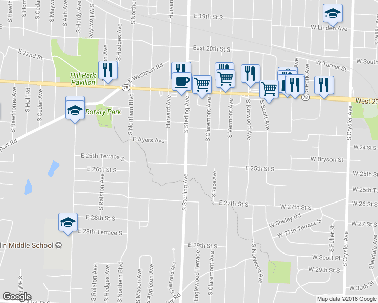 map of restaurants, bars, coffee shops, grocery stores, and more near 2431 South Sterling Avenue in Independence