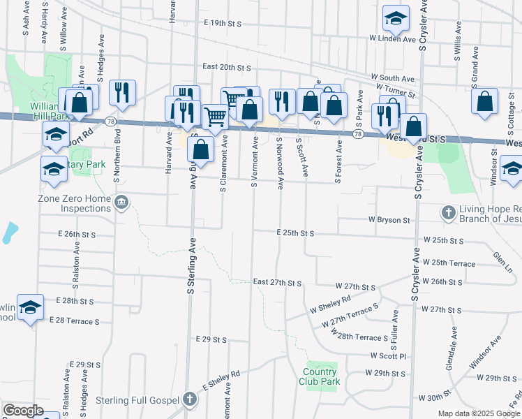 map of restaurants, bars, coffee shops, grocery stores, and more near 2418 South Norwood Avenue in Independence