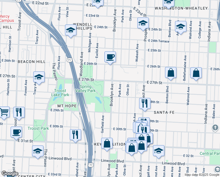 map of restaurants, bars, coffee shops, grocery stores, and more near 2721 Brooklyn Avenue in Kansas City