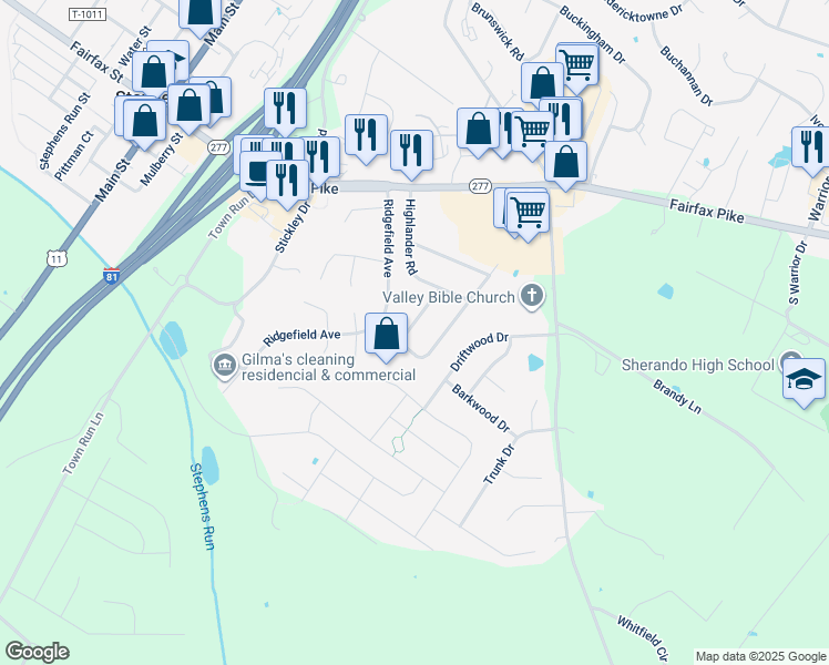 map of restaurants, bars, coffee shops, grocery stores, and more near 113 Meadowbrook Drive in Stephens City