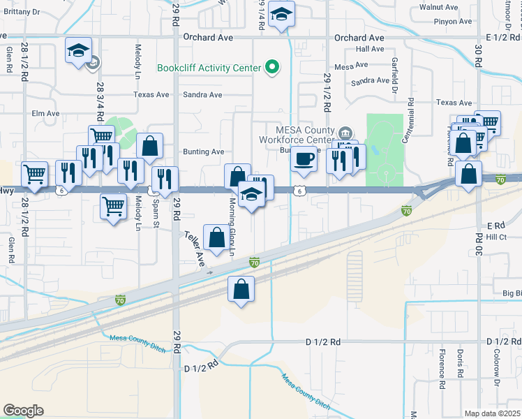 map of restaurants, bars, coffee shops, grocery stores, and more near 25 29 3/8 Road in Grand Junction