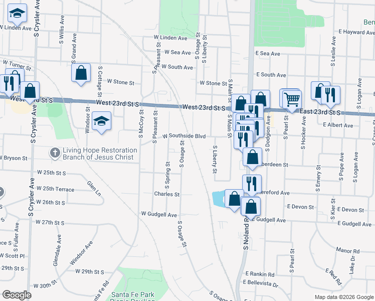 map of restaurants, bars, coffee shops, grocery stores, and more near 1325 South Osage Street in Independence