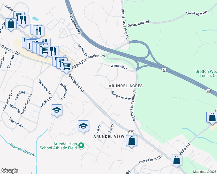 map of restaurants, bars, coffee shops, grocery stores, and more near 1412 Kinghaven Court in Gambrills
