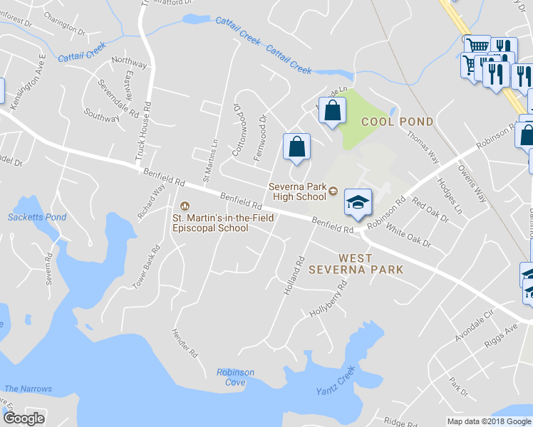 map of restaurants, bars, coffee shops, grocery stores, and more near 211 Benfield Road in Severna Park