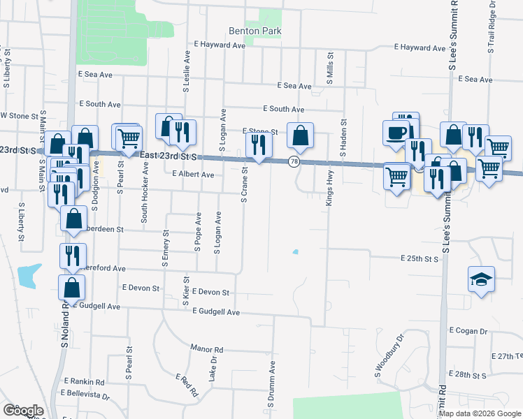 map of restaurants, bars, coffee shops, grocery stores, and more near 1306 Randall Road in Independence