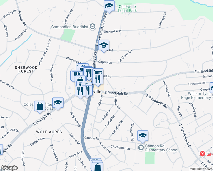 map of restaurants, bars, coffee shops, grocery stores, and more near 13408 Clifton Road in Silver Spring