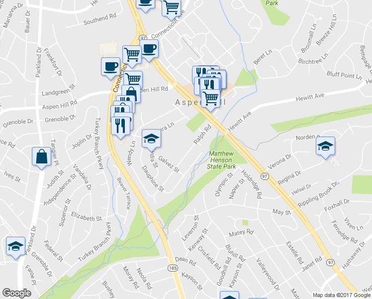 map of restaurants, bars, coffee shops, grocery stores, and more near 3711 Ralph Rd in Silver Spring