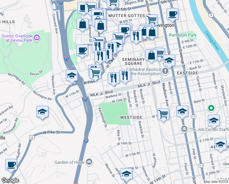 map of restaurants, bars, coffee shops, grocery stores, and more near 416 West 12th Street in Covington