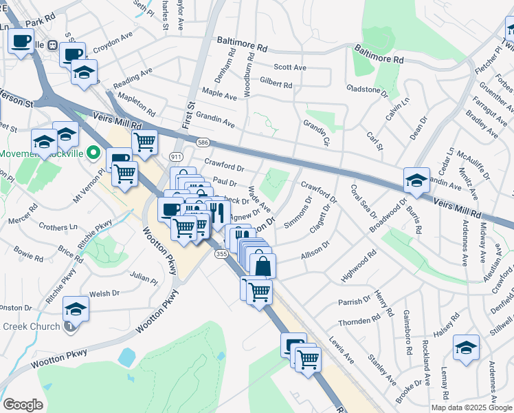 map of restaurants, bars, coffee shops, grocery stores, and more near 903 Wade Avenue in Rockville