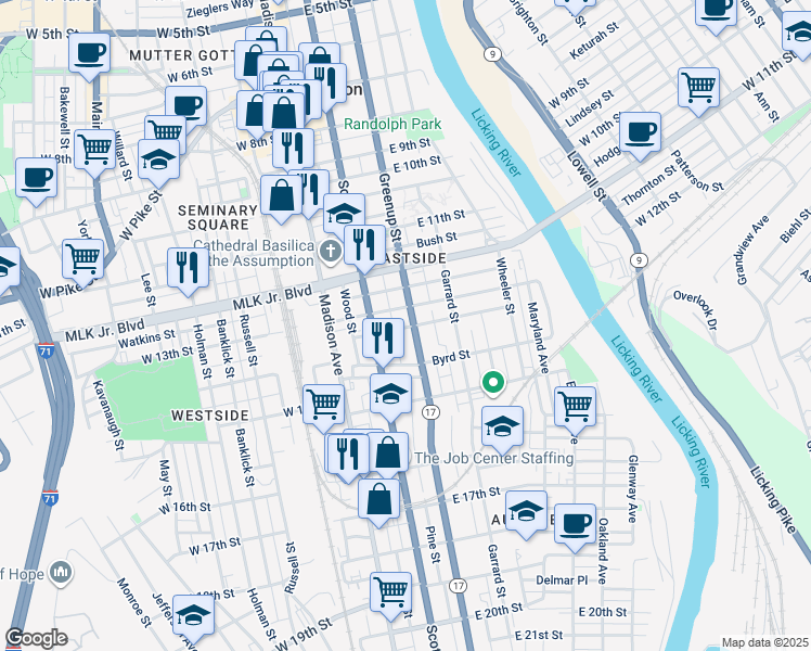 map of restaurants, bars, coffee shops, grocery stores, and more near 124 Pleasant Street in Covington