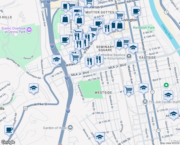 map of restaurants, bars, coffee shops, grocery stores, and more near 416 West 12th Street in Covington