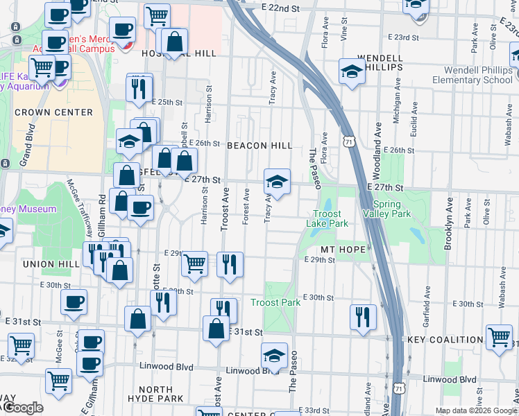 map of restaurants, bars, coffee shops, grocery stores, and more near 2770 Tracy Avenue in Kansas City