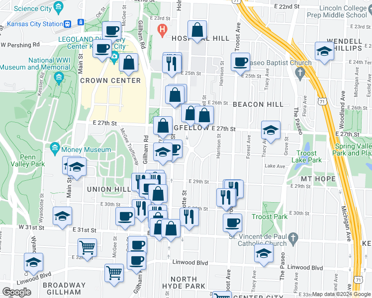map of restaurants, bars, coffee shops, grocery stores, and more near 2732 Charlotte Street in Kansas City
